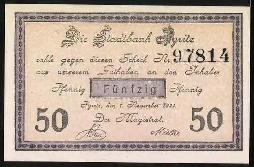Notgeld Pyritz 1921, 50 Pfennig, Stadttor mit Greif