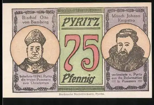 Notgeld Pyritz 1921, 75 Pfennig, Bischof Otto und Mönch Johann