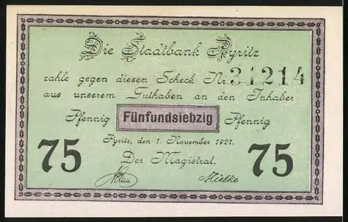 Notgeld Pyritz 1921, 75 Pfennig, Bischof Otto und Mönch Johann