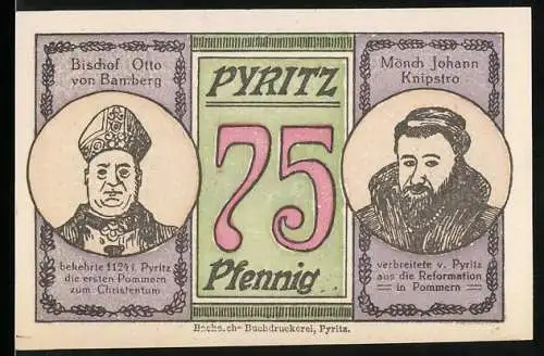 Notgeld Pyritz 1921, 75 Pfennig, Mönch johann Knipstro und Bischof Otto