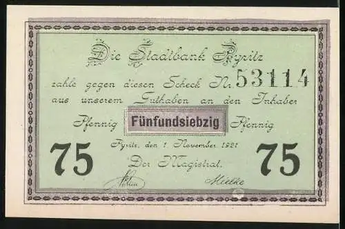 Notgeld Pyritz 1921, 75 Pfennig, Mönch johann Knipstro und Bischof Otto