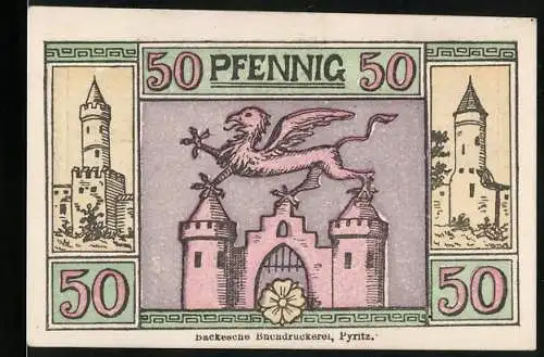 Notgeld Pyritz 1921, 50 Pfennig, Stadttor, Schlossturm