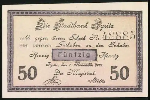 Notgeld Pyritz 1921, 50 Pfennig, Stadttor, Schlossturm