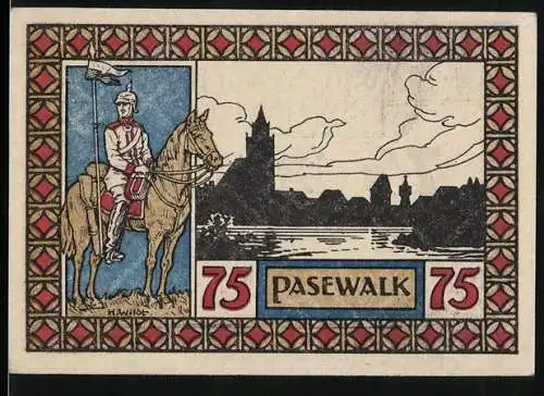 Notgeld Pasewalk 1921, 75 Pfennig, Soldat zu Pferd, Stadtwappen