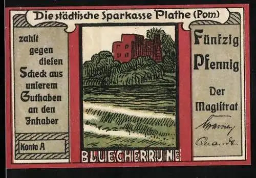 Notgeld Plathe, 50 Pfennig, Bluecherruine, Stadtwappen