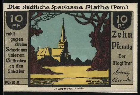 Notgeld Plathe, 10 Pfennig, Ansicht der Kirche, Stadtwappen