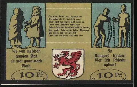 Notgeld Plathe, 10 Pfennig, Ansicht der Kirche, Stadtwappen