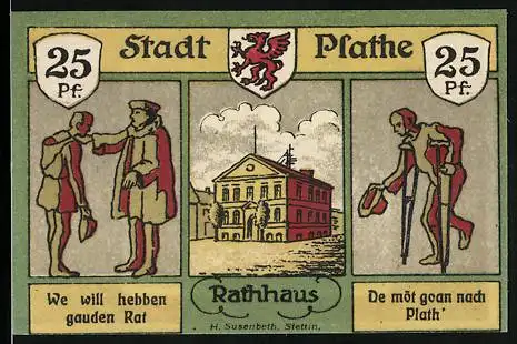 Notgeld Plathe, 25 Pfennig, Rathaus, Bettler, Ortsansicht