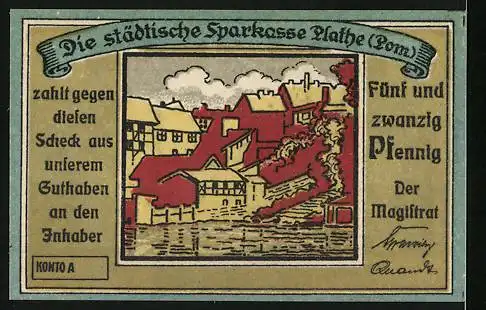 Notgeld Plathe, 25 Pfennig, Rathaus, Bettler, Ortsansicht