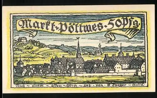 Notgeld Pöttmes, 50 Pfennig, Ortsansicht, Stadtwappen