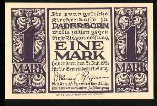 Notgeld Paderborn 1921, 1 Mark, Altar der Abdinghofkirche