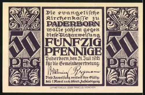 Notgeld Paderborn 1921, 50 Pfennig, Blick zur Orgel der Abdinghofkirche