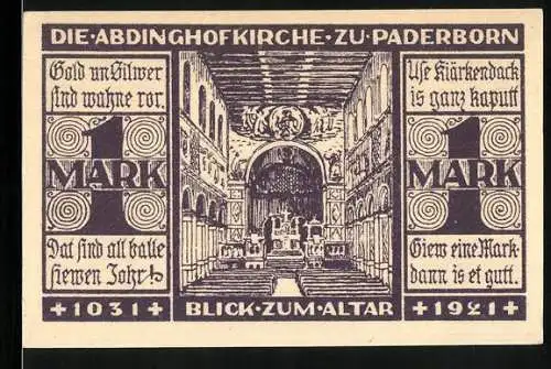 Notgeld Paderborn 1921, 1 Mark, Abdinghofkirche mit Blick zum Altar