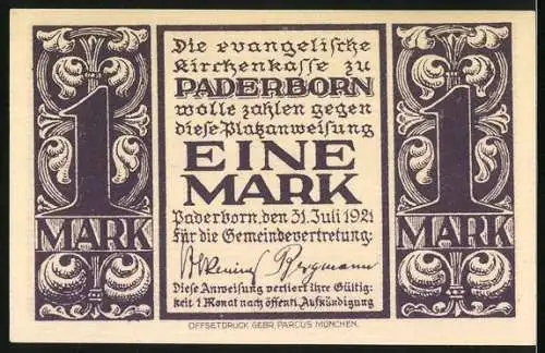 Notgeld Paderborn 1921, 1 Mark, Abdinghofkirche mit Blick zum Altar