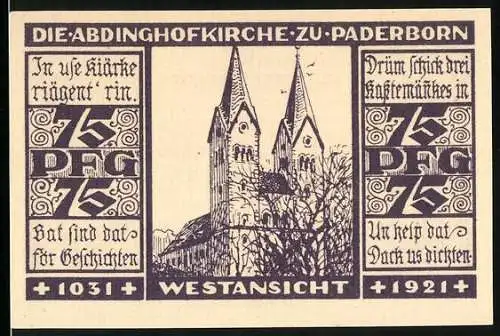 Notgeld Paderborn 1921, 75 Pfennig, Abdinghofkirche von der Westansicht