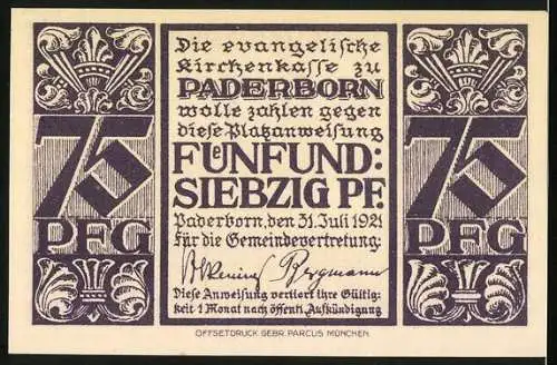 Notgeld Paderborn 1921, 75 Pfennig, Abdinghofkirche von der Westansicht