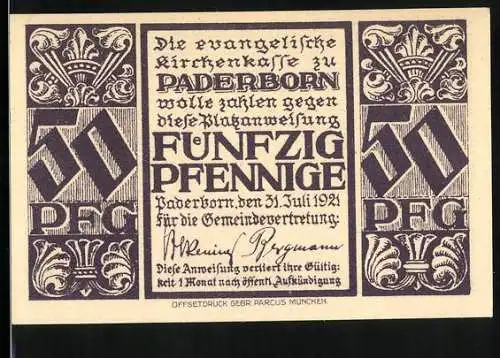 Notgeld Paderborn 1921, 50 Pfennig, Innenansicht der Abdinghofkirche mit Orgel