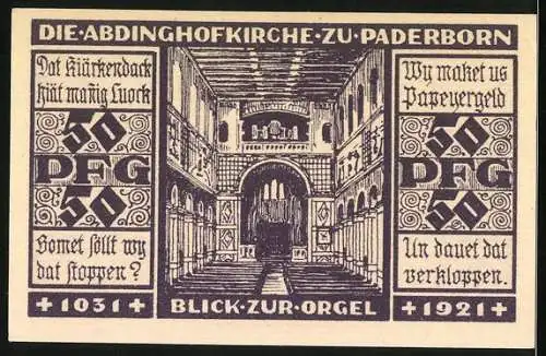 Notgeld Paderborn 1921, 50 Pfennig, Innenansicht der Abdinghofkirche mit Orgel