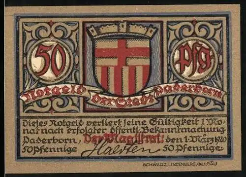 Notgeld Paderborn 1920, 50 Pfennig, Stadtwappen, Rathaus
