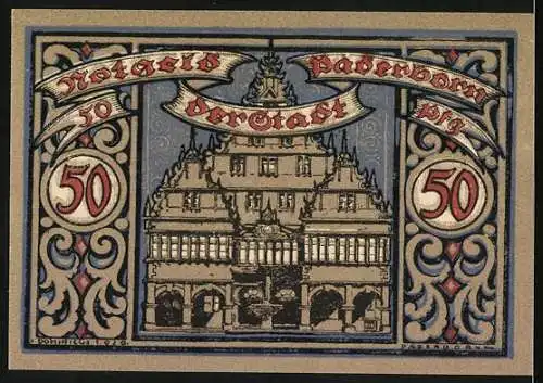 Notgeld Paderborn 1920, 50 Pfennig, Stadtwappen, Rathaus