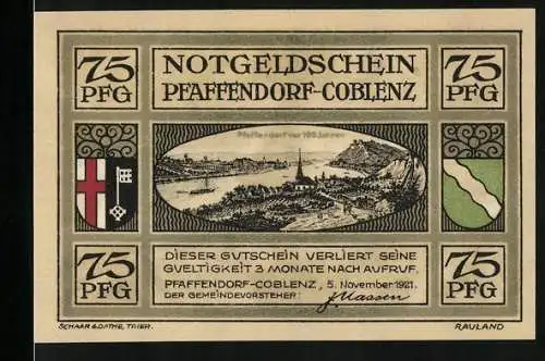 Notgeld Pfaffendorf-Coblenz 1921, 75 Pfennig, Ortsansicht, Reichende Hände