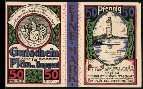 Notgeld Plön 1921, 1 Mark, Waldshagener Turm, Wappen auf Grabstein