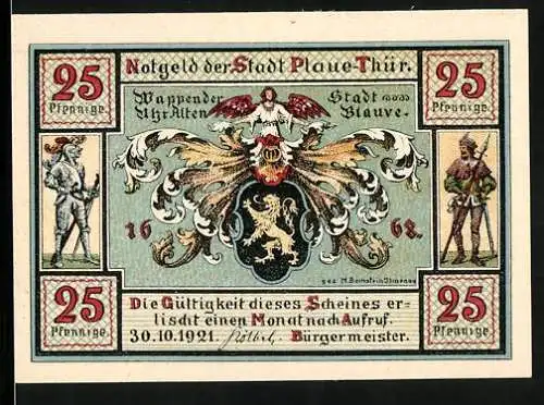 Notgeld Plaue 1921, 25 Pfennig, Wappen der Uhralten Stadt, Vasen für Industrie u. Gewerbe