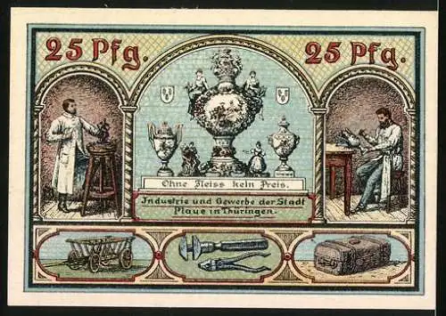 Notgeld Plaue 1921, 25 Pfennig, Wappen der Uhralten Stadt, Vasen für Industrie u. Gewerbe