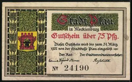 Notgeld Plau 1922, 75 Pfennig, Schmied und Bauer