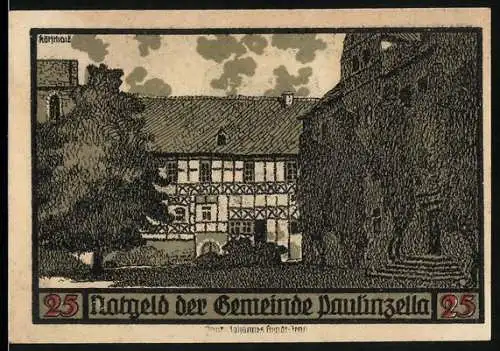 Notgeld Paulinzella 1922, 25 Pfennig, Ortspartie mit Rathaus, Auerhahn
