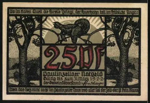 Notgeld Paulinzella 1922, 25 Pfennig, Ortspartie mit Rathaus, Auerhahn