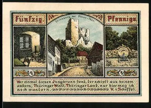 Notgeld Plaue 1921, 50 Pfennig, Ehrenburg, Stadtwappen