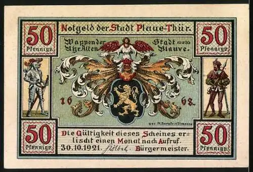 Notgeld Plaue 1921, 50 Pfennig, Ehrenburg, Stadtwappen