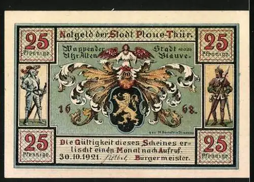 Notgeld Plaue 1921, 25 Pfennig, Herstellung von Vasen, Stadtwappen