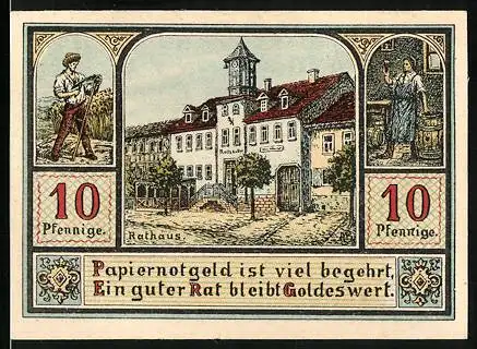 Notgeld Plaue 1921, 10 Pfennig, Rathaus, Stadtwappen