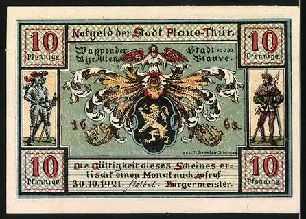 Notgeld Plaue 1921, 10 Pfennig, Rathaus, Stadtwappen