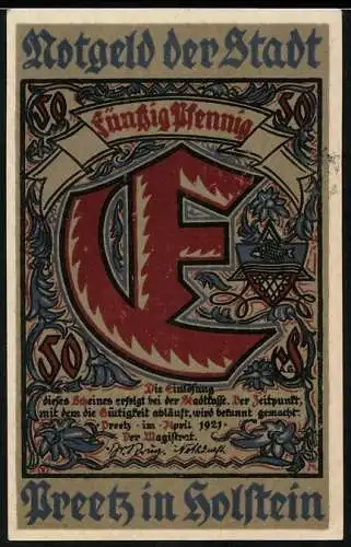 Notgeld Preetz 1921, 50 Pfennig, Strassenpartie mit Fachwerkshaus