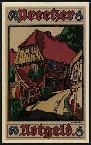 Notgeld Preetz 1921, 50 Pfennig, Strassenpartie mit Fachwerkshaus
