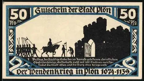 Notgeld Plön 1921, 50 Pfennig, Soldaten marschieren ein