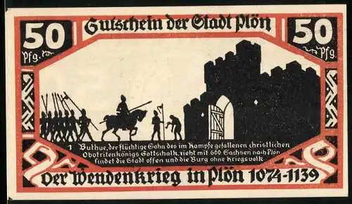 Notgeld Plön 1921, 50 Pfennig, Buthue zieht mit 600 Sachsen in die Stadt