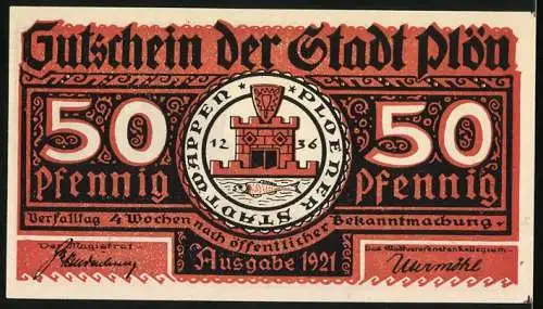 Notgeld Plön 1921, 50 Pfennig, Buthue zieht mit 600 Sachsen in die Stadt