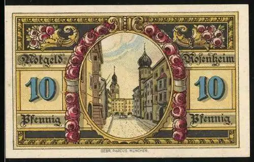 Notgeld Rosenheim 1921, 10 Pfennig, Strassenpartie, Stadtwappen