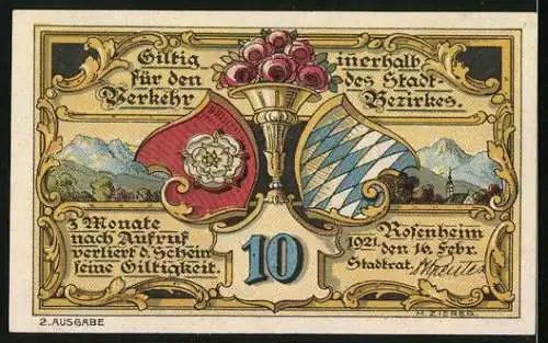 Notgeld Rosenheim 1921, 10 Pfennig, Strassenpartie, Stadtwappen
