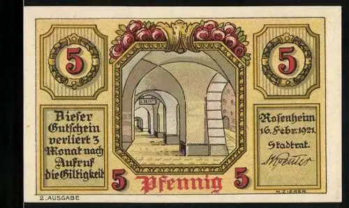Notgeld Rosenheim 1921, 5 Pfennig, Säulengang, Stadtwappen