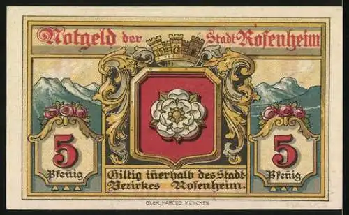 Notgeld Rosenheim 1921, 5 Pfennig, Säulengang, Stadtwappen