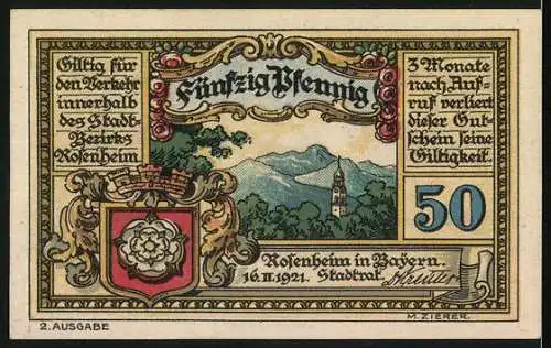 Notgeld Rosenheim 1921, 50 Pfennig, Museum, Stadtwappen