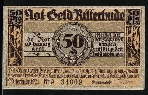 Notgeld Ritterhude 1921, 50 Pfennig, Schloss, Ritterstatuen