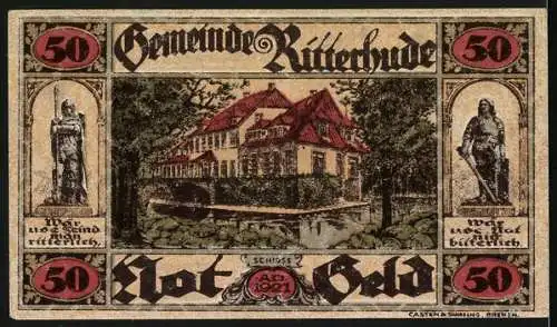 Notgeld Ritterhude 1921, 50 Pfennig, Schloss, Ritterstatuen