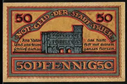 Notgeld Trier 1921, 50 Pfennig, Porta Nigra, Stadtwappen