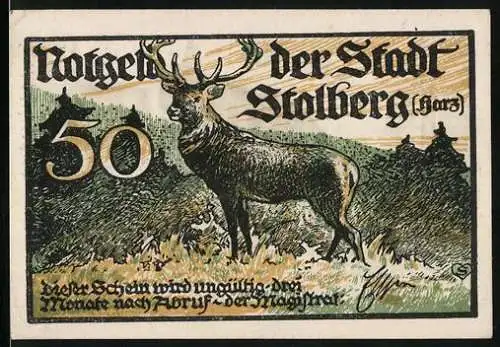 Notgeld Stolberg, 50 Pfennig, Hirsch, Rathaus